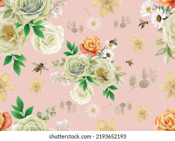 elegant seamless patern yellow flowers and bees