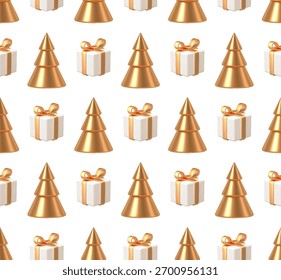 Elegante patrón sin fisuras de 3D de oro y blanco minimalista árboles de Navidad y cajas de regalo. Diseño de Festiva festivo moderno para celebraciones y fondos de invierno de lujo.
