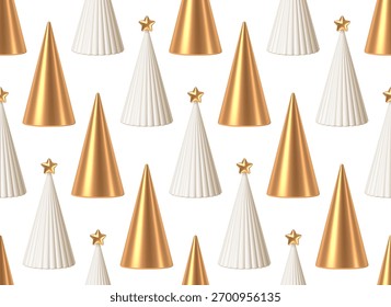 Elegante patrón sin fisuras de 3D de oro y blanco minimalista árboles de Navidad sobre fondo blanco. Diseño moderno de Festiva festivo para celebraciones de invierno y eventos de lujo.