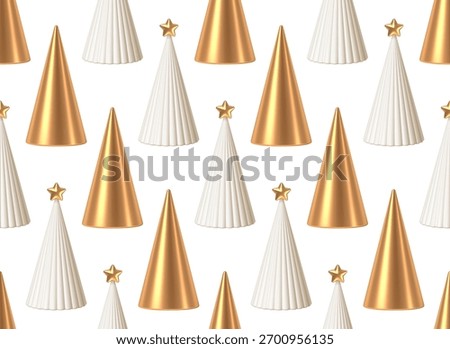 Elegant Seamless Pattern of 3D Golden and White Minimalist Christmas Trees on White Background. Modern Festive Holiday Design for Winter Celebrations and Luxury Events.