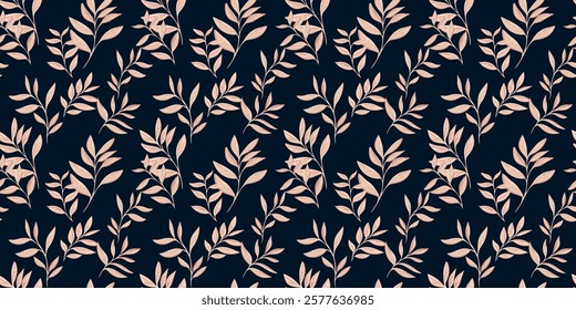 Elegant seamless pattern with abstract artistic branches leaves on a black background. Stylized leaf stems print. Vector drawing illustration. Nature ornament for textiles, fabric, wallpaper