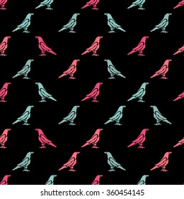 Elegant seamless pattern with abstract crow symbols, design elements. Can be used for invitations, greeting cards, scrapbooking, print, gift wrap, manufacturing. Bird theme