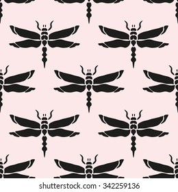 Elegant seamless pattern with abstract dragonfly symbols, design elements. Can be used for invitations, greeting cards, scrapbooking, print, gift wrap, manufacturing. Insect theme