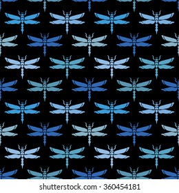 Elegant seamless pattern with abstract dragonfly symbols, design elements. Can be used for invitations, greeting cards, scrapbooking, print, gift wrap, manufacturing. Insect theme