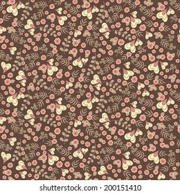 Elegant seamless pattern with abstract flowers and hearts