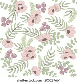 Elegant seamless pattern with abstract flowers and berries