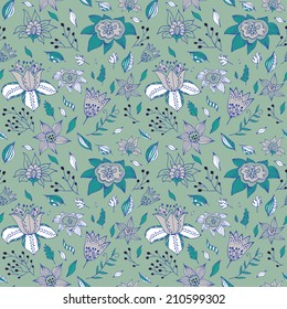 Elegant seamless pattern with abstract flowers on a green background. Used for your design wallpapers, pattern fills, web page backgrounds, surface textures