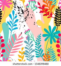 elegant seamless pattern with abstract leaves and flowers. Vector illustration