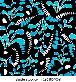 Elegant seamless pattern with abstract leaves.Botanical design white and blue tones on black.Folk floral template for print,gift wrap,manufacturing,textile,fabric,wallpaper.Vector illustration.