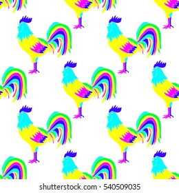 Elegant seamless pattern with abstract psychedelic roosters, design element.Can be used for invitations, greeting cards, scrapbooking, print, gift wrap, manufacturing. Bird theme. New Year 2017 symbol