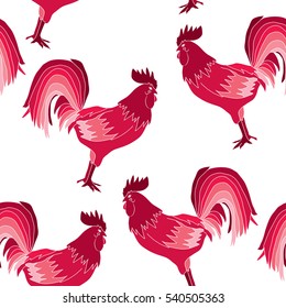 Elegant seamless pattern with abstract red roosters, design element. Can be used for invitations, greeting cards, scrapbooking, print, gift wrap, manufacturing. Bird theme. New Year 2017 symbol