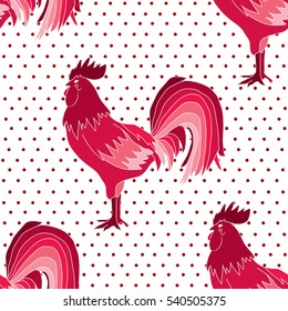 Elegant seamless pattern with abstract red roosters, design element. Can be used for invitations, greeting cards, scrapbooking, print, gift wrap, manufacturing. Bird theme. New Year 2017 symbol