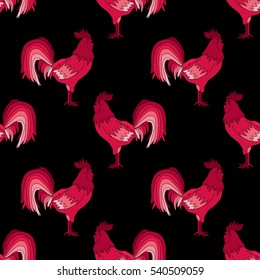 Elegant seamless pattern with abstract red roosters, design element. Can be used for invitations, greeting cards, scrapbooking, print, gift wrap, manufacturing. Bird theme. New Year 2017 symbol