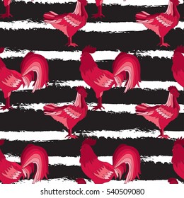 Elegant seamless pattern with abstract roosters and chickens, design element.Can be used for invitations, greeting cards, scrapbooking, print, gift wrap, manufacturing.Bird theme. New Year 2017 symbol