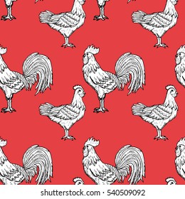 Elegant seamless pattern with abstract roosters and chickens, design element. Can be used for invitations, greeting cards, scrapbooking, print, gift wrap, manufacturing. Bird theme. New Year 2017