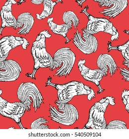 Elegant seamless pattern with abstract roosters and chickens, design element. Can be used for invitations, greeting cards, scrapbooking, print, gift wrap, manufacturing. Bird theme. New Year 2017