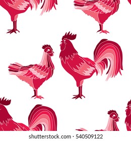 Elegant seamless pattern with abstract roosters and chickens, design element.Can be used for invitations, greeting cards, scrapbooking, print, gift wrap, manufacturing.Bird theme. New Year 2017 symbol