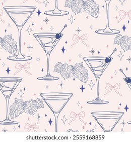 Elegant Seamless Pattern with Alcohol Cocktails, Martini, Monstera Leaves, and Cute Bows – Hand-Drawn Vector background