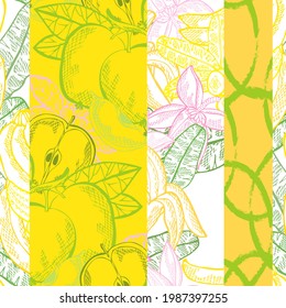 Elegantes, nahtloses Muster mit Apfel und Banane, Design-Elementen. Obstmuster für Karten, Druck, Geschenkverpackung, Herstellung, Textilien, Gewebe, Wallpaper. Essen, Küche, vegetarisches Thema