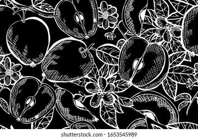 Elegant seamless pattern with apple fruits, design elements. Fruit  pattern for invitations, cards, print, gift wrap, manufacturing, textile, fabric, wallpapers. Food, kitchen, vegetarian theme