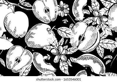 Elegant seamless pattern with apple fruits, design elements. Fruit  pattern for invitations, cards, print, gift wrap, manufacturing, textile, fabric, wallpapers. Food, kitchen, vegetarian theme