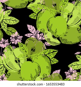 Elegant seamless pattern with apple fruits, design elements. Fruit  pattern for invitations, cards, print, gift wrap, manufacturing, textile, fabric, wallpapers. Food, kitchen, vegetarian theme