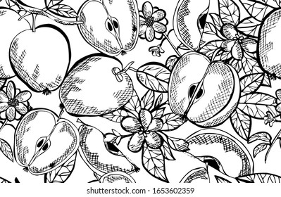 Elegant seamless pattern with apple fruits, design elements. Fruit  pattern for invitations, cards, print, gift wrap, manufacturing, textile, fabric, wallpapers. Food, kitchen, vegetarian theme