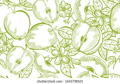 Elegant seamless pattern with apple fruits, design elements. Fruit  pattern for invitations, cards, print, gift wrap, manufacturing, textile, fabric, wallpapers. Food, kitchen, vegetarian theme