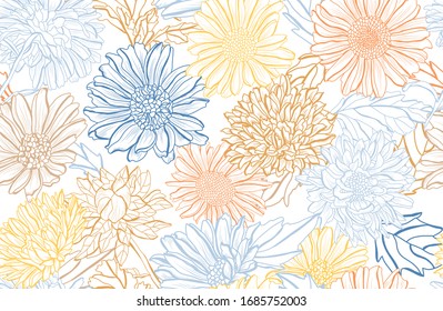 Elegant seamless pattern with aster flowers, design elements. Floral  pattern for invitations, cards, print, gift wrap, manufacturing, textile, fabric, wallpapers