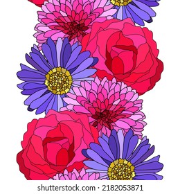 Diseño elegante y sin fisuras con flores de astro, rosa, crisantemo, elementos de diseño. Patrón floral para invitaciones, tarjetas, impresiones, envolturas de regalo, manufactura, textiles, tejidos, papeles pintados