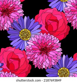 Diseño elegante y sin fisuras con flores de astro, rosa, crisantemo, elementos de diseño. Patrón floral para invitaciones, tarjetas, impresiones, envolturas de regalo, manufactura, textiles, tejidos, papeles pintados
