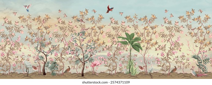 Elegant seamless pattern with bamboo hand drawn, Tropical Garden Illustration, Wall Mural.