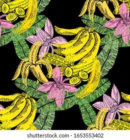Elegant seamless pattern with banana fruits, design elements. Fruit  pattern for invitations, cards, print, gift wrap, manufacturing, textile, fabric, wallpapers. Food, kitchen, vegetarian theme