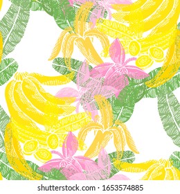 Elegant seamless pattern with banana fruits, design elements. Fruit  pattern for invitations, cards, print, gift wrap, manufacturing, textile, fabric, wallpapers. Food, kitchen, vegetarian theme