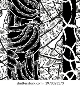 Elegant seamless pattern with bananas and leaves, design elements. Fruit  pattern for invitations, cards, print, gift wrap, manufacturing, textile, fabric, wallpapers. Food, kitchen, vegetarian theme