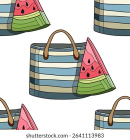 Elegant seamless pattern with beach bag and watermelon, design elements. Summer pattern for invitations, cards, print, gift wrap, manufacturing, textile, fabric, wallpapers