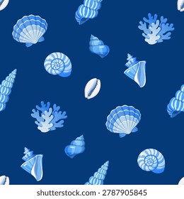 Elegant seamless pattern with beautiful blue and white sea shells and corals on dark navy blue background. Premium marine coastal texture for wallpapers