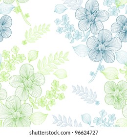 Elegant Seamless Pattern With Beautiful Green And Blue Flowers For Your Design