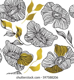 Elegant seamless pattern with beautiful hand drawn flowers and gold leaves for your design. 