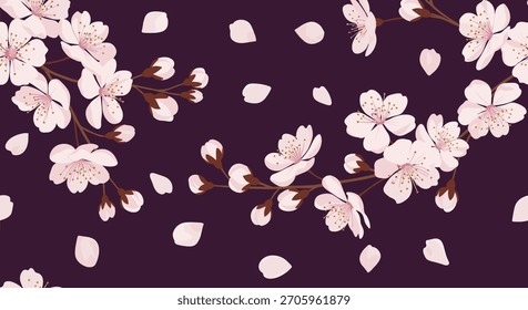 Elegante patrón sin fisuras de hermosas ramas de flor de cerezo rosa y pétalos de sakura que caen sobre un diseño de fondo púrpura profundo.
