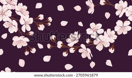 Elegant seamless pattern of beautiful pink cherry blossom branches and falling sakura petals on a deep purple background design.