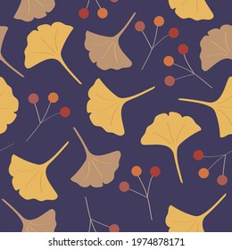 Elegant seamless pattern with berries, and autumn leaves. Vector illustration. nature background design. Packaging, textile, bag, clothing pattern design
