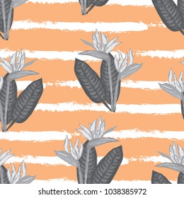 Elegant seamless pattern with bird of paradise flowers, design elements. Floral tropical pattern for invitations, cards, print, gift wrap, manufacturing, textile, fabric, wallpapers