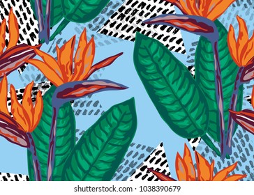 Elegant seamless pattern with bird of paradise flowers, design elements. Floral tropical pattern for invitations, cards, print, gift wrap, manufacturing, textile, fabric, wallpapers