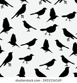 An elegant seamless pattern of black birds on a white background, showcasing the beauty of these vertebrate organisms with their distinct beaks, feathers, wings, and graceful lines