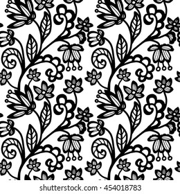 Elegant seamless pattern with black flowers on white background