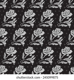 Elegant seamless pattern in black silver colors with decorative lily flowers, design elements. Floral pattern for invitations, greeting cards, scrapbooking, print, gift wrap, manufacturing