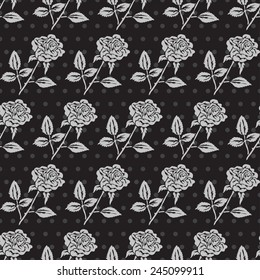 Elegant seamless pattern in black silver colors with decorative rose flowers, design elements. Floral pattern for invitations, greeting cards, scrapbooking, print, gift wrap, manufacturing