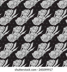 Elegant seamless pattern in black silver colors with decorative tulip flowers, design elements. Floral pattern for invitations, greeting cards, scrapbooking, print, gift wrap, manufacturing