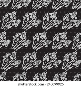 Elegant seamless pattern in black silver colors with decorative iris flowers, design elements. Floral pattern for invitations, greeting cards, scrapbooking, print, gift wrap, manufacturing